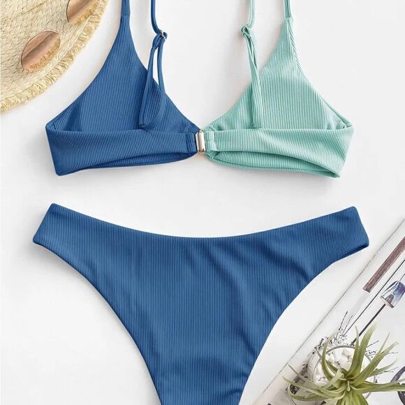 Two Tone Ribbed O-Ring Bikini Bathing Suit - Picture 3 of 5